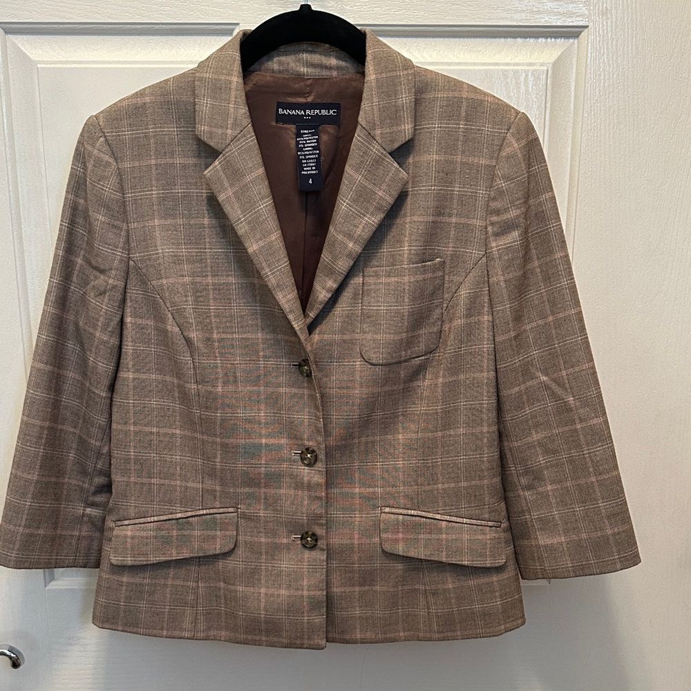 Banana Republic Women's Tan Checkered Blazer 3/4 Sleeve Lined Washable Size 4